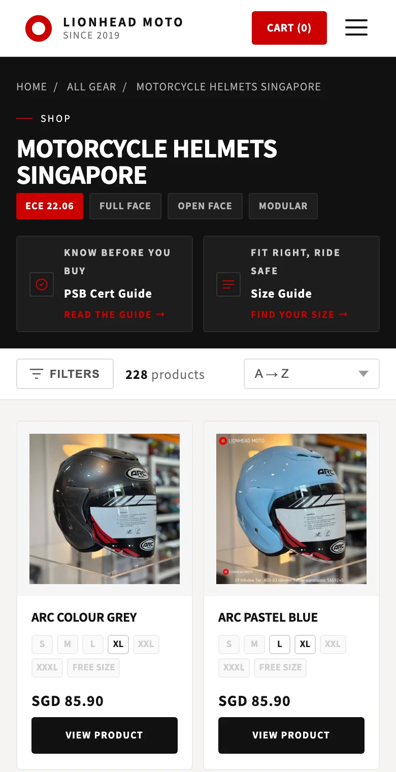 Current mobile Lionhead Moto helmet collection with filters, guides and product cards