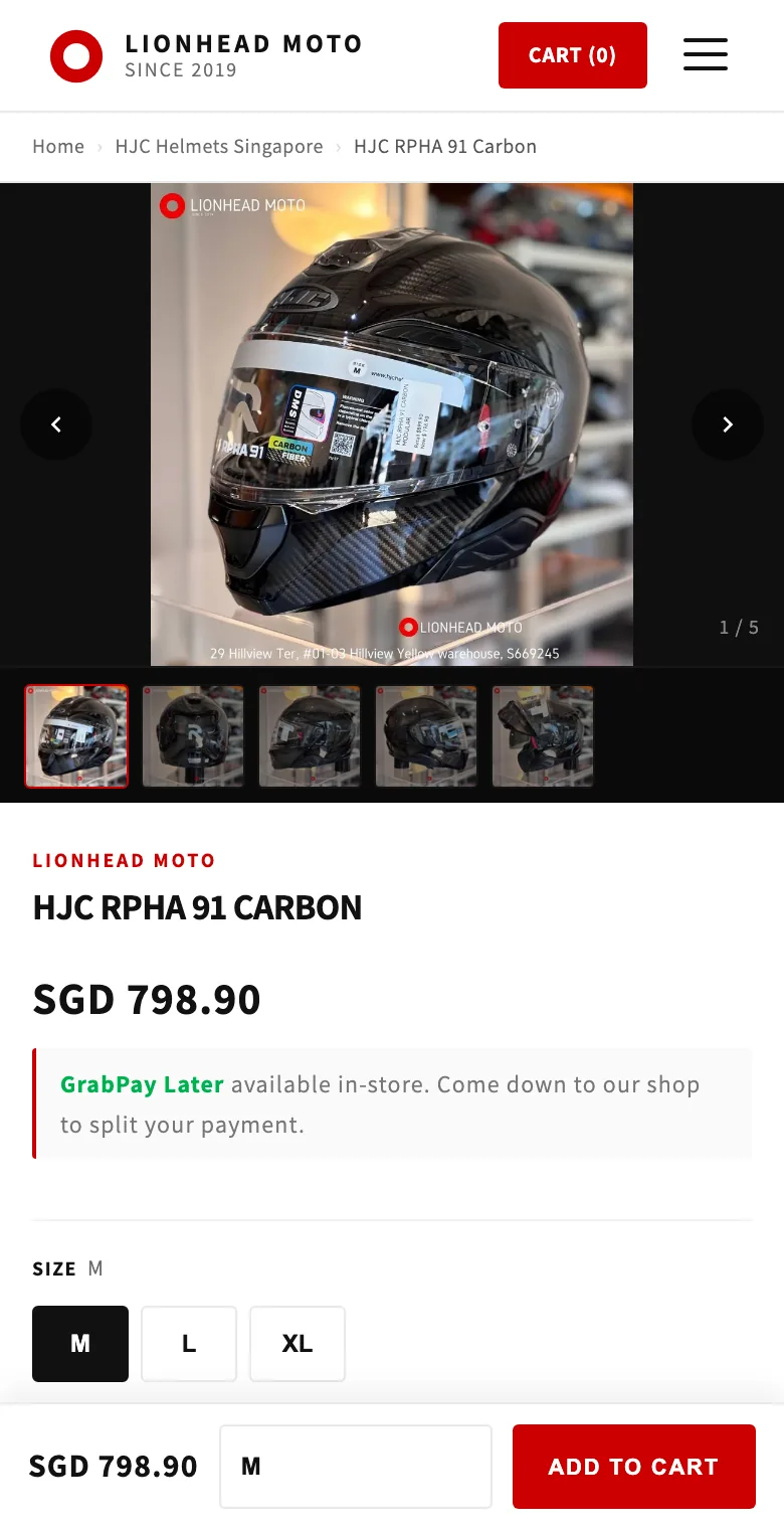 Current mobile Lionhead Moto HJC RPHA 91 Carbon product page with gallery, price and size choices
