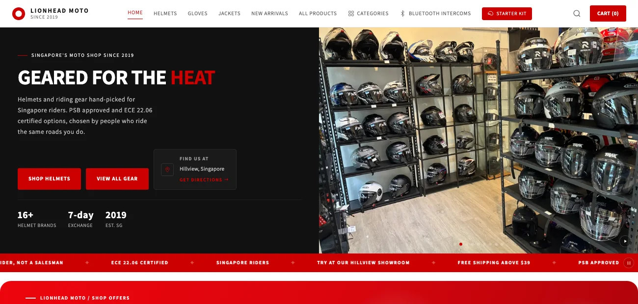 Lionhead Moto Shopify storefront showing its current riding gear campaign