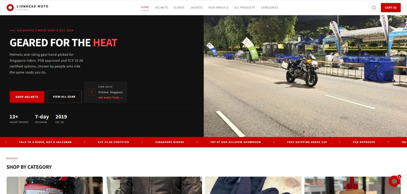 Lionhead Moto storefront, Geared for the Heat hero