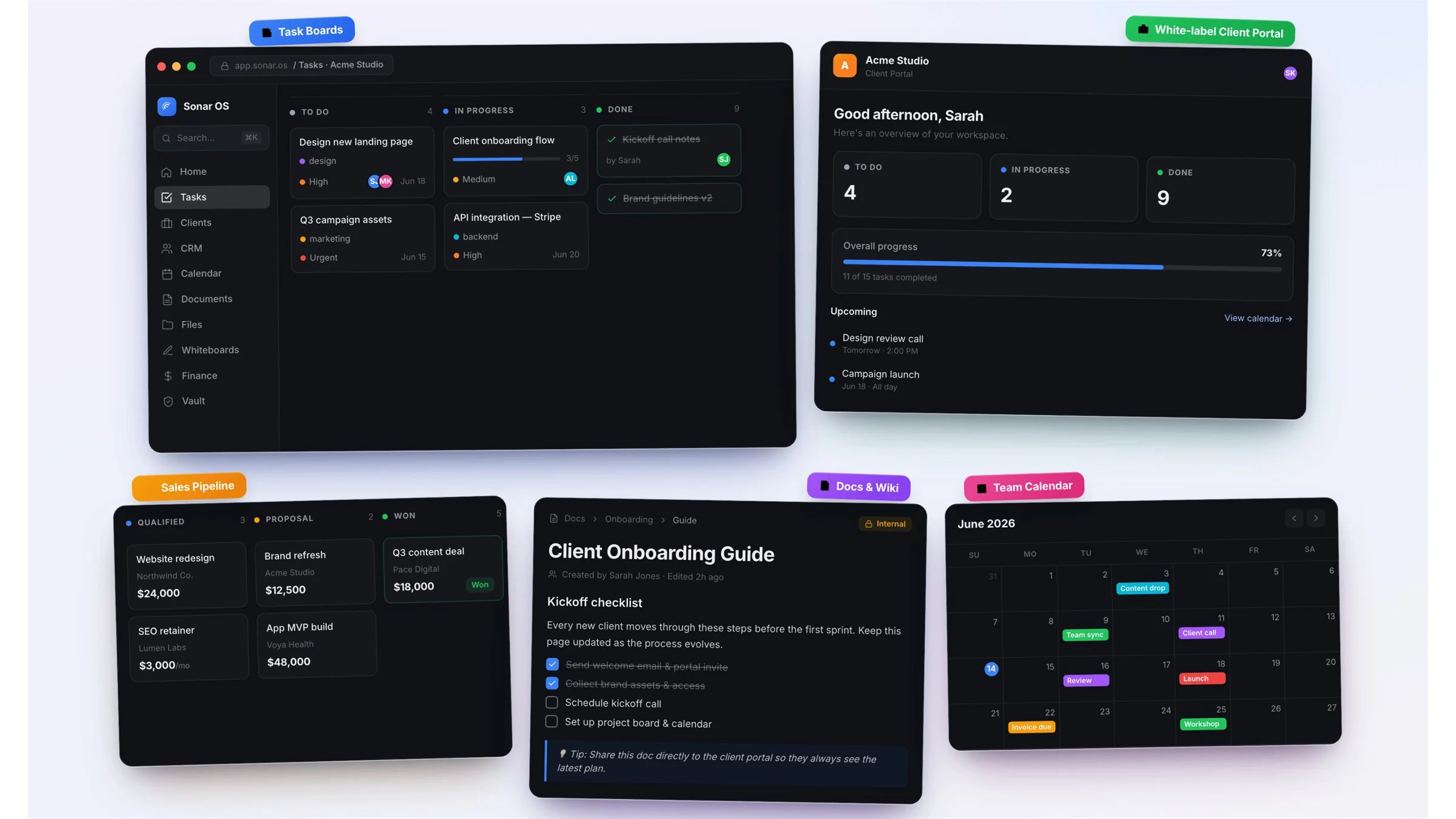 Sonar, the client view: task boards, a white-label client portal, a sales pipeline, docs and a team calendar