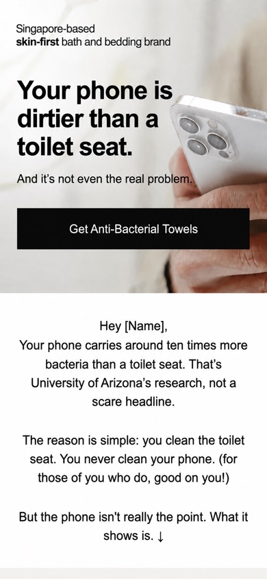 Mobile preview of an anonymised Australian educational email campaign for a Singapore-based skin-first bath and bedding brand