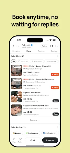 Sody public app screen showing salon services and booking