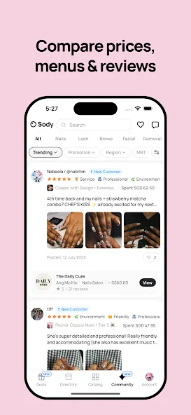 Sody app screen for comparing salon prices, menus and reviews