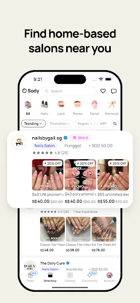 Sody app screen for finding nearby home-based salons