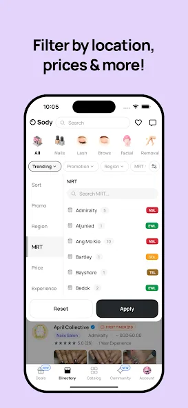 Sody app screen filtering salons by location, MRT and price