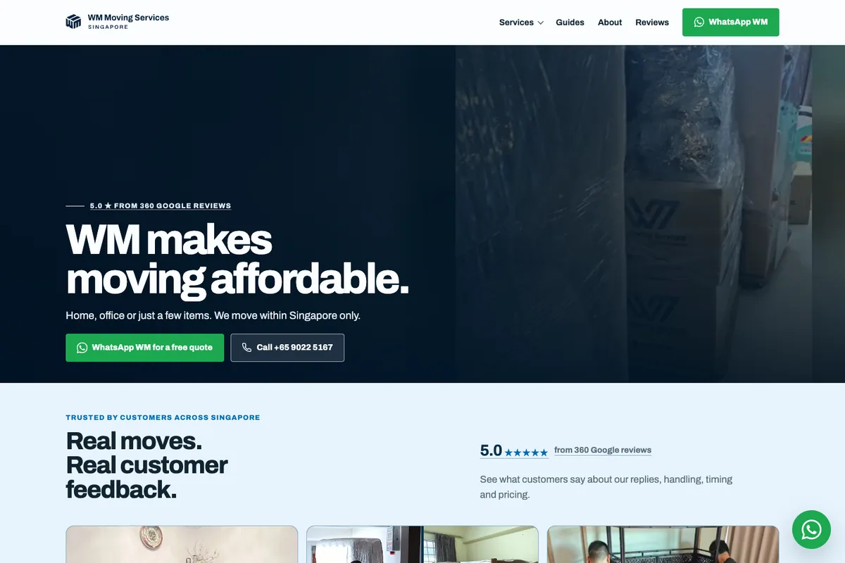 WM Moving Services website homepage on desktop, with moving services, contact actions and customer proof