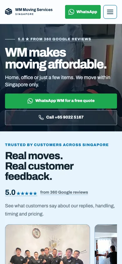 WM Moving Services public website on mobile, showing its moving-service enquiry journey